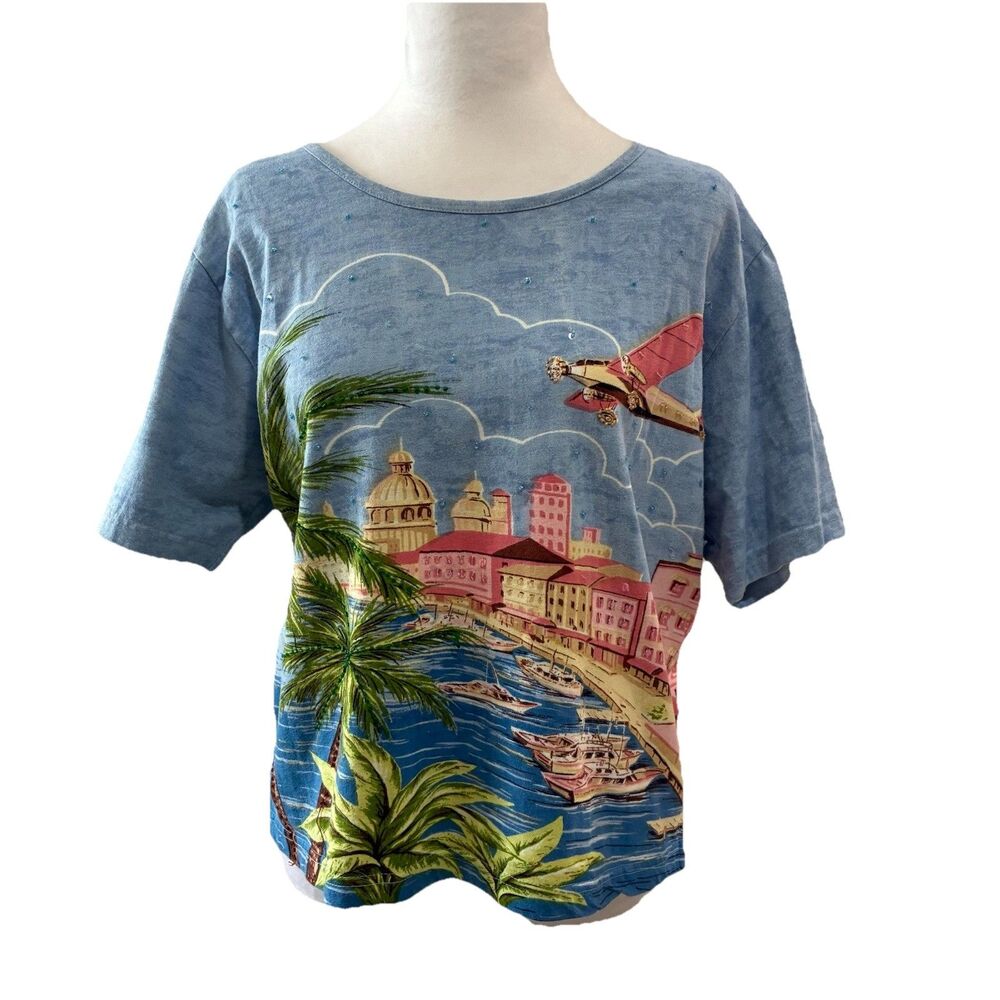 Vintage Tantrums Cotton Shirt Top Women’s L Coastal Embellished Beads St. Tropez